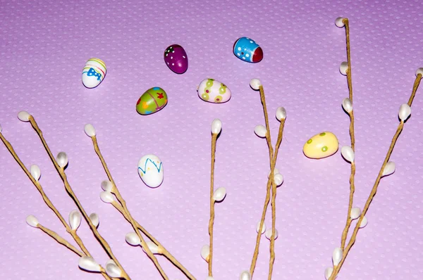 Painted Easter egg and a pussy-Willow sprig. — Stock Photo, Image