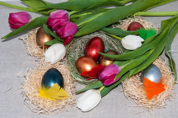 Paskalya yumurtası ve laleler — Stok fotoğraf