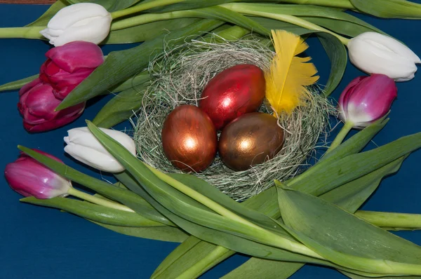 Velikonoční vejce a tulipány. — Stock fotografie