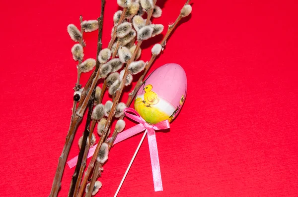 Malovaný velikonoční vajíčko a špetkou pussy willow. — Stock fotografie