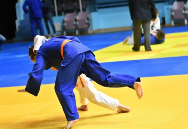 Kimonolu iki kız judoka tatamide yarışıyor. 