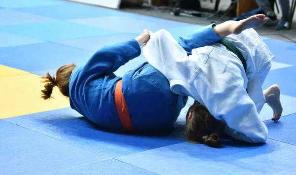 Kimonolu Iki Kız Judoka Tatamide Yarışıyor — Stok fotoğraf