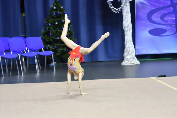 Girl Performs Mandatory Program Rhythmic Gymnastics — Stock Photo, Image