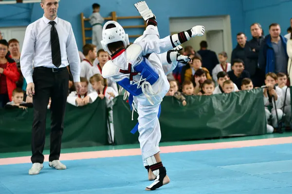 Orenburg Rusia Octubre 2019 Boy Compete Taekwondo Artes Marciales Coreanas — Foto de Stock