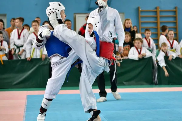 Orenburg Rusia Oktober 2019 Boy Bersaing Dalam Taekwondo Seni Bela — Stok Foto