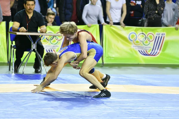 Orenburg Rússia Março 2017 Menino Compete Wrestling Esportivo Volga Federal — Fotografia de Stock