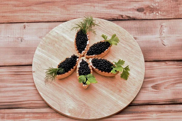 Tartlets Caviar Fresh Herbs New Year Table — Stockfoto