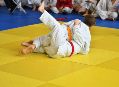 İki kimonolu judoka tatamide yarışıyor. 