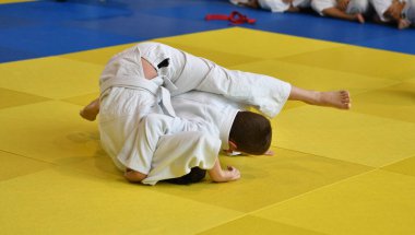 İki kimonolu judoka tatamide yarışıyor. 
