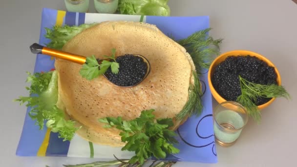 Pancakes Caviar Fresh Herbs Orthodox Christmas — стокове відео