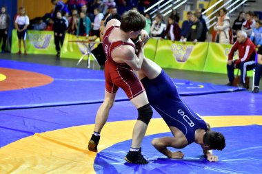 Orenburg, Rusya - 25-26 Ekim 2017: Erkekler, Orenburg Bölgesi Valisinin ödülleri için düzenlenen Rusya Turnuvası 'nda spor güreşinde yarışıyor 