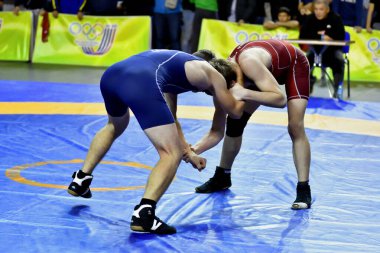 Orenburg, Rusya - 25-26 Ekim 2017: Erkekler, Orenburg Bölgesi Valisinin ödülleri için düzenlenen Rusya Turnuvası 'nda spor güreşinde yarışıyor 