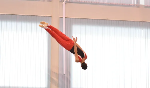 Young Men Training Trampoline Jumping Preparing Competitions — Zdjęcie stockowe