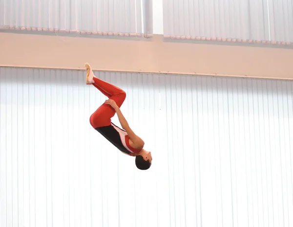 Young Men Training Trampoline Jumping Preparing Competitions — Stok fotoğraf