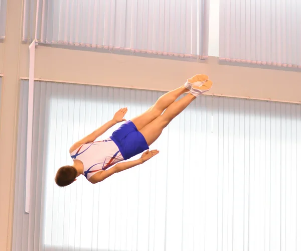 Young Men Training Trampoline Jumping Preparing Competitions — Stockfoto