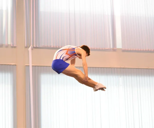 Young Men Training Trampoline Jumping Preparing Competitions — стоковое фото