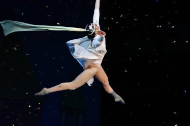  Orenburg, Russia - October 12, 2019: Aerialists perform their number at the circus arena 