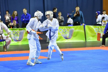 Orenburg, Russia - March 5, 2017: Girls compete in karate for the Championship of the Orenburg region in the Japanese martial art