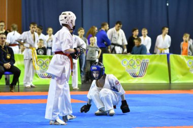 Orenburg, Russia - March 5, 2017: Girls compete in karate for the Championship of the Orenburg region in the Japanese martial art