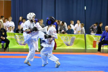 Orenburg, Russia - March 5, 2017: Girls compete in karate for the Championship of the Orenburg region in the Japanese martial art