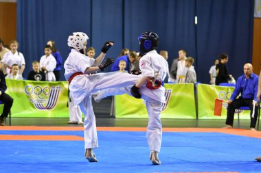 Orenburg, Russia - March 5, 2017: Girls compete in karate for the Championship of the Orenburg region in the Japanese martial art