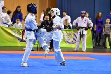Orenburg, Russia - March 5, 2017: Girls compete in karate for the Championship of the Orenburg region in the Japanese martial art