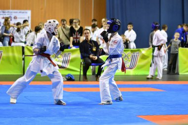 Orenburg, Russia - March 5, 2017: Girls compete in karate for the Championship of the Orenburg region in the Japanese martial art