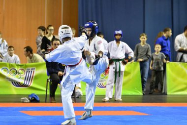 Orenburg, Russia - March 5, 2017: Girls compete in karate for the Championship of the Orenburg region in the Japanese martial art