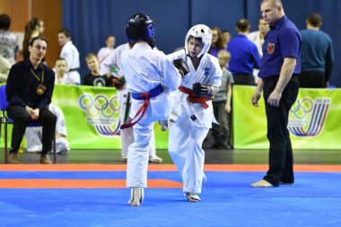 Orenburg, Russia - March 5, 2017: Girls compete in karate for the Championship of the Orenburg region in the Japanese martial art