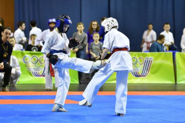 Orenburg, Russia - March 5, 2017: Girls compete in karate for the Championship of the Orenburg region in the Japanese martial art