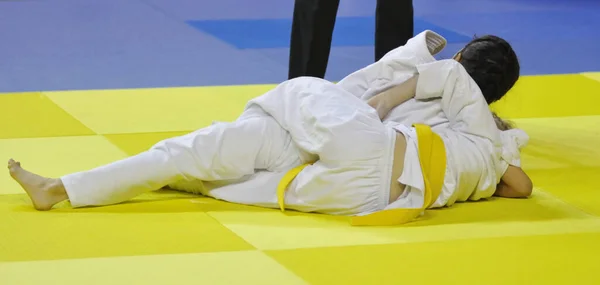 Dvě Dívky Judoka Kimonu Soutěžit Tatami Stock Obrázky