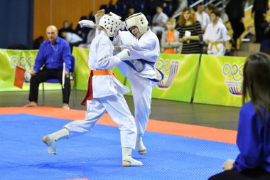 Orenburg, Russia - March 5, 2017: Girls compete in karate for the Championship of the Orenburg region in the Japanese martial art