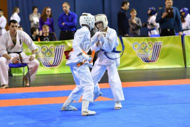 Orenburg, Russia - March 5, 2017: Girls compete in karate for the Championship of the Orenburg region in the Japanese martial art