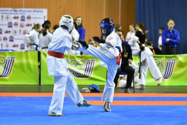 Orenburg, Russia - March 5, 2017: Girls compete in karate for the Championship of the Orenburg region in the Japanese martial art