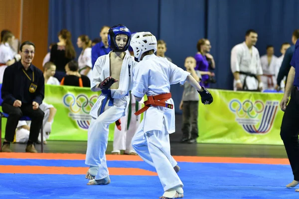Orenburg, Russia - March 5, 2017: Girls compete in karate for the Championship of the Orenburg region in the Japanese martial art
