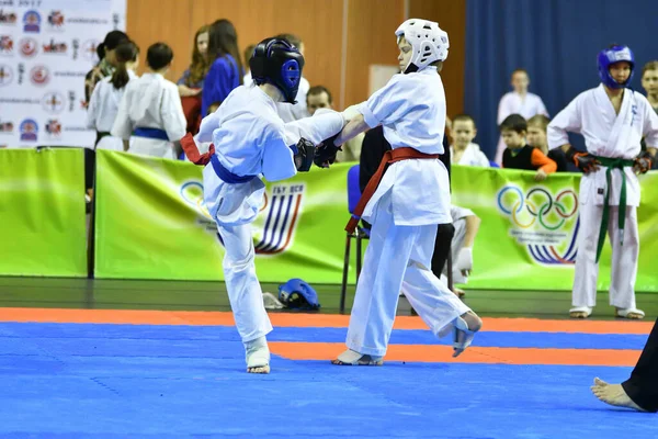 Orenburg, Russia - March 5, 2017: Girls compete in karate for the Championship of the Orenburg region in the Japanese martial art