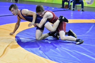 Orenburg, Rusya - 25-26 Ekim 2017: Erkekler, Orenburg Bölgesi Valisinin ödülleri için düzenlenen Rusya Turnuvası 'nda spor güreşinde yarışıyor 