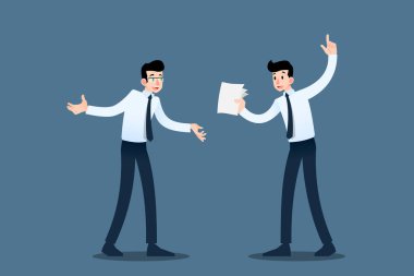 İki işadamı, kâr hedefine ulaşmak ve organizasyonlarını başarılı bir şekilde kurmak için anlaşmalarını geliştirmek üzere birbirlerine danışıyorlar. İş konsepti tasarımında vektör illüstrasyonu.