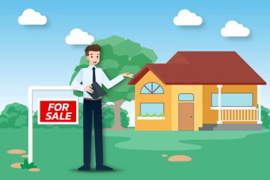 Emlakçı, yeni ve güzel modern evi müşteriye sunar. Düz tasarımda vektör illüstrasyonu.