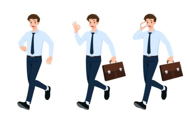 Düz tasarım konsepti olan iş adamı farklı pozlar veriyor, çalışıyor ve süreç hareketleri ve eylemleri sunuyor. Vektör çizgi film karakter tasarımı seti. 