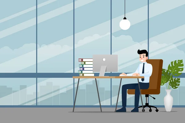 Mutlu Adamı Kişisel Bilgisayarında Çalışıyor Ofis Masasının Arkasındaki Kahverengi Deri — Stok Vektör