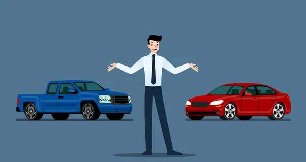 Szczęśliwy Biznesmen Sprzedawca Stoi Przedstawia Swój Luksusowy Samochód Pickup Który — Wektor stockowy