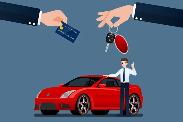 Έμπορος Αυτοκινήτων Κάνει Μια Ανταλλαγή Πώληση Ενοικίαση Μεταξύ Ενός Αυτοκινήτου — Διανυσματικό Αρχείο