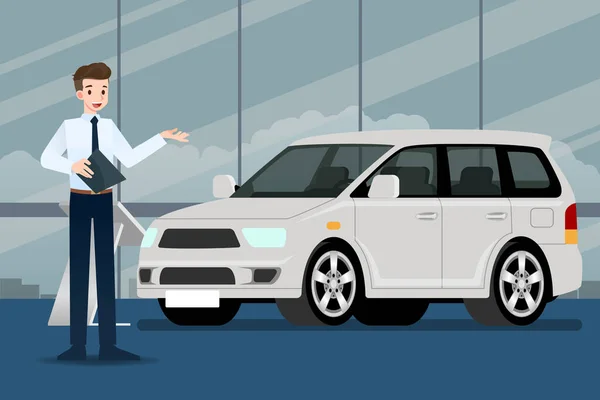 Ένας Ευτυχισμένος Επιχειρηματίας Πωλητής Στέκεται Και Παρουσιάσει Πολυτελές Αυτοκίνητό Του — Διανυσματικό Αρχείο