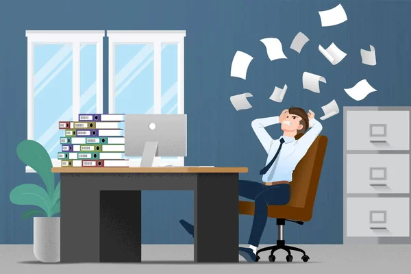 Biznesmen Stres Przy Biurku Przez Dużo Pracy Płaski Wektor Ilustracji — Wektor stockowy