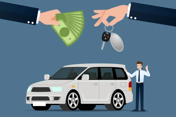 Autodealers Maken Een Ruil Verkoop Huur Tussen Een Auto Creditcard — Stockvector