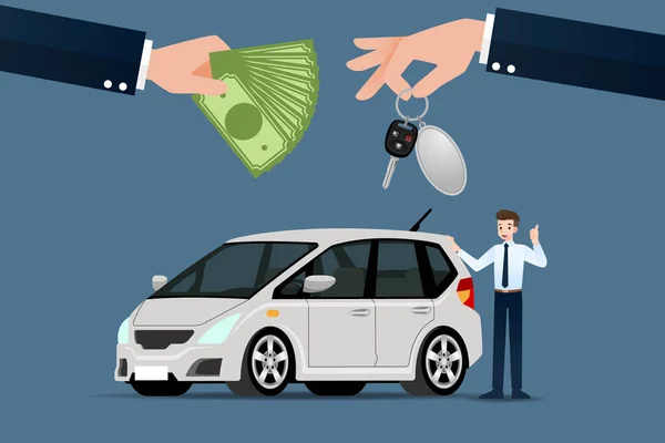 Bilhandlaren Gör Ett Byte Försäljning Hyra Mellan Bil Och Kundens — Stock vektor