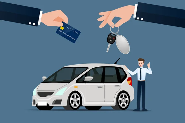 Araba Satıcısı Bir Araba Müşterinin Kredi Kartı Arasında Değiş Tokuş — Stok Vektör