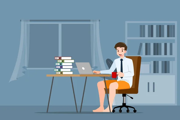 Jovem Homem Negócios Está Sentado Trabalhando Com Laptop Cadeira Casa — Vetor de Stock