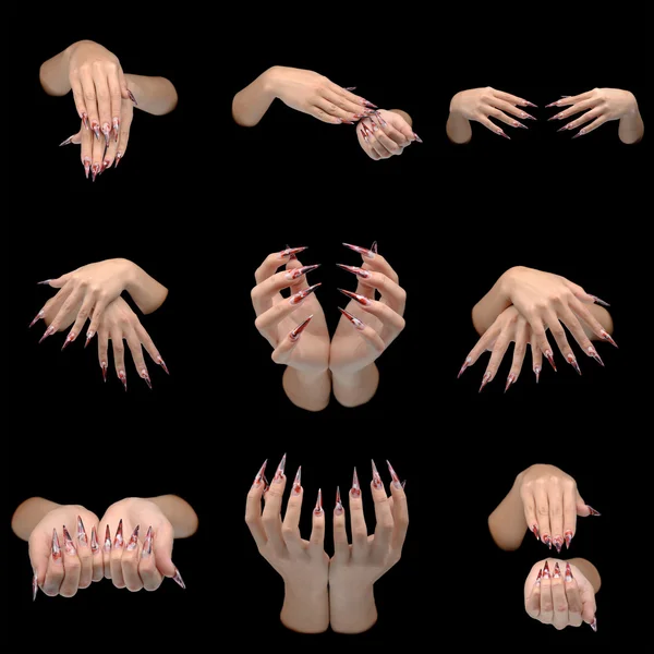 Set of closeup of hands of young woman long nail-art manicure on nails — Stock Photo, Image